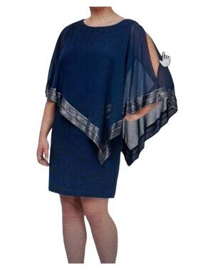 SLNY Womens size 12 Short Cold Shoulder Sheer Poncho Overlay Party Dress Blue